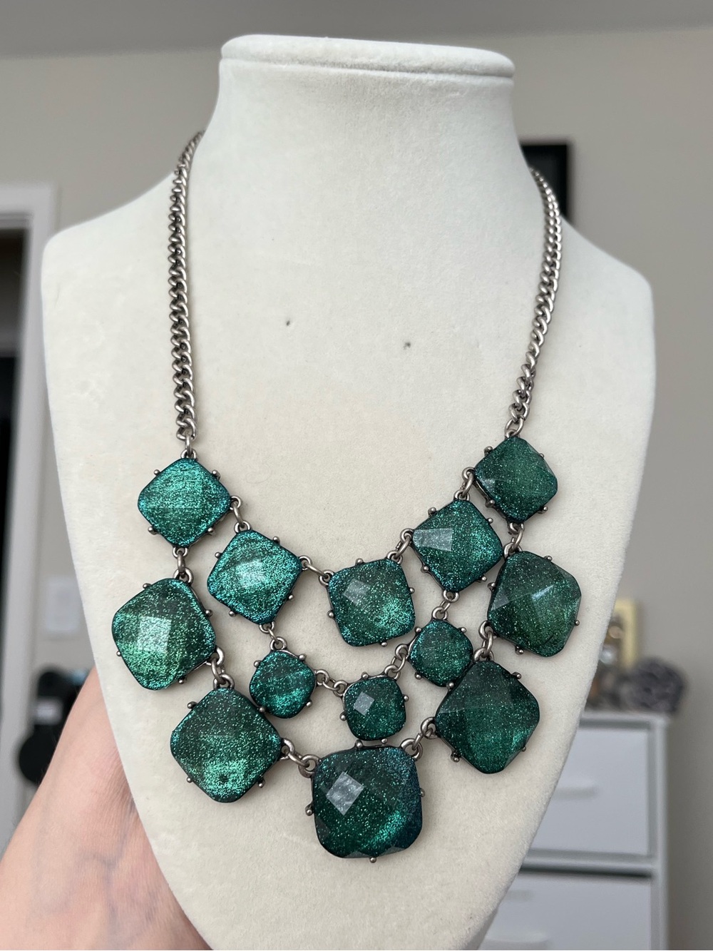 Green Glitter Beads Cluster Necklace Silver Tone 24”